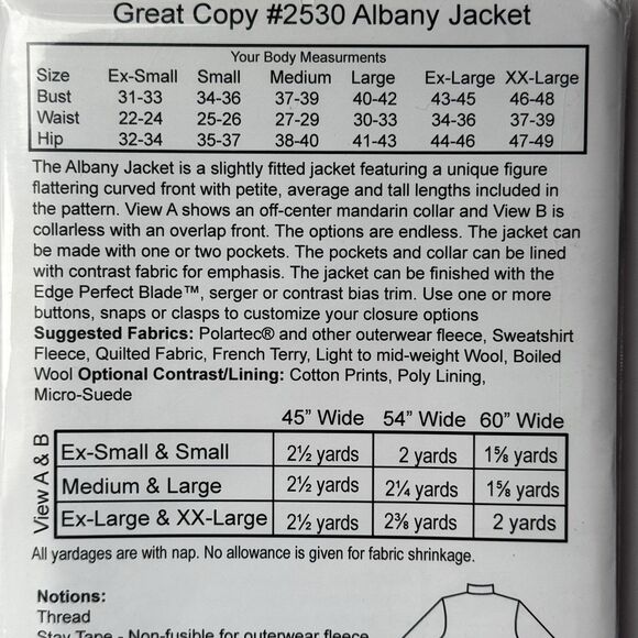 Great Copy Sewing Patterns #2530 ALBANY JACKET Sewing Pattern XS-XXL (B 31"-49) - Picture 2 of 3
